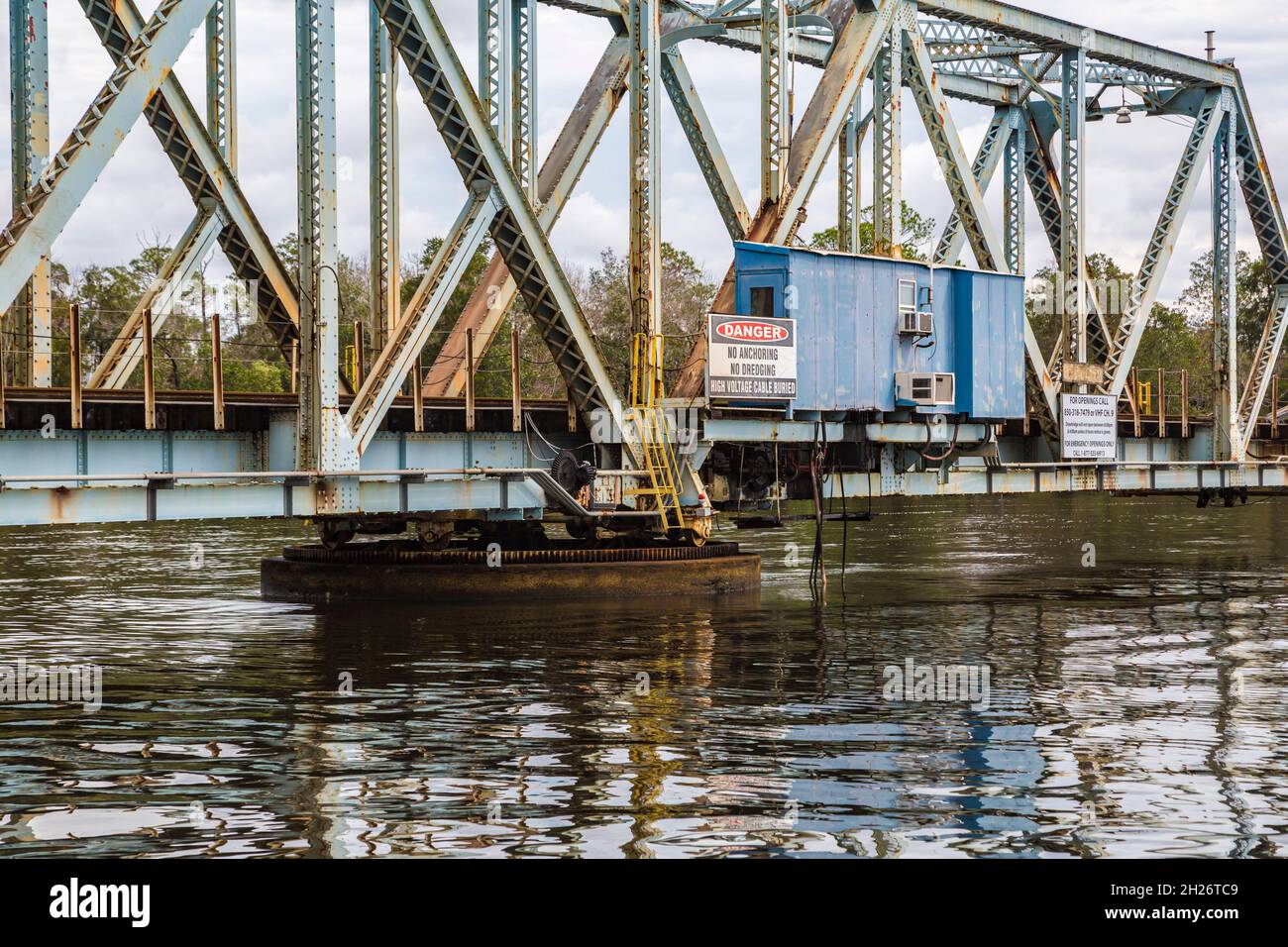 Old CSX railroad through truss swing bridge over the Blackwater river in Milton, Florida Stock Photo