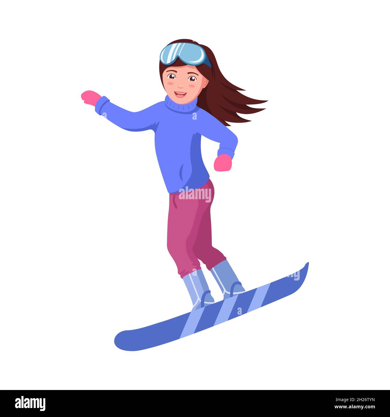 Girl is snowboarding. Vector illustration of a beautiful young woman engaged in a winter sport, girl snowboarder. Stock Vector