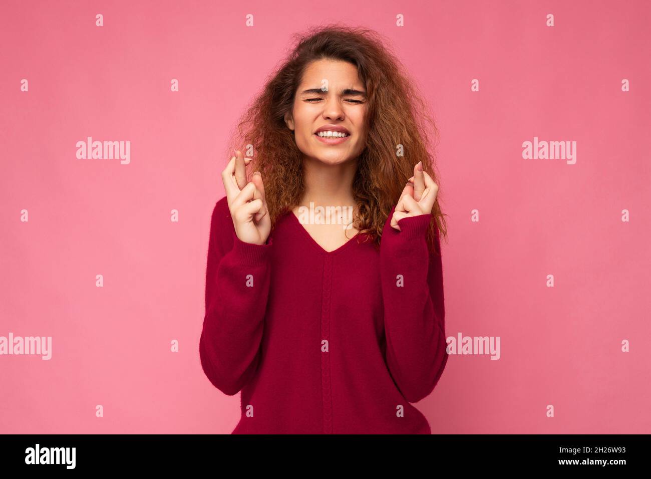 Photo of young emotional attractive woman with sincere emotions wearing ...