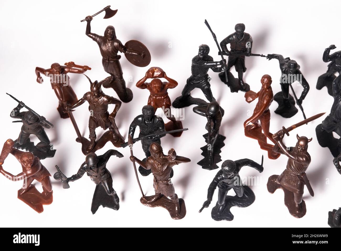 A set of different toy figures of soldiers on a white background Stock Photo