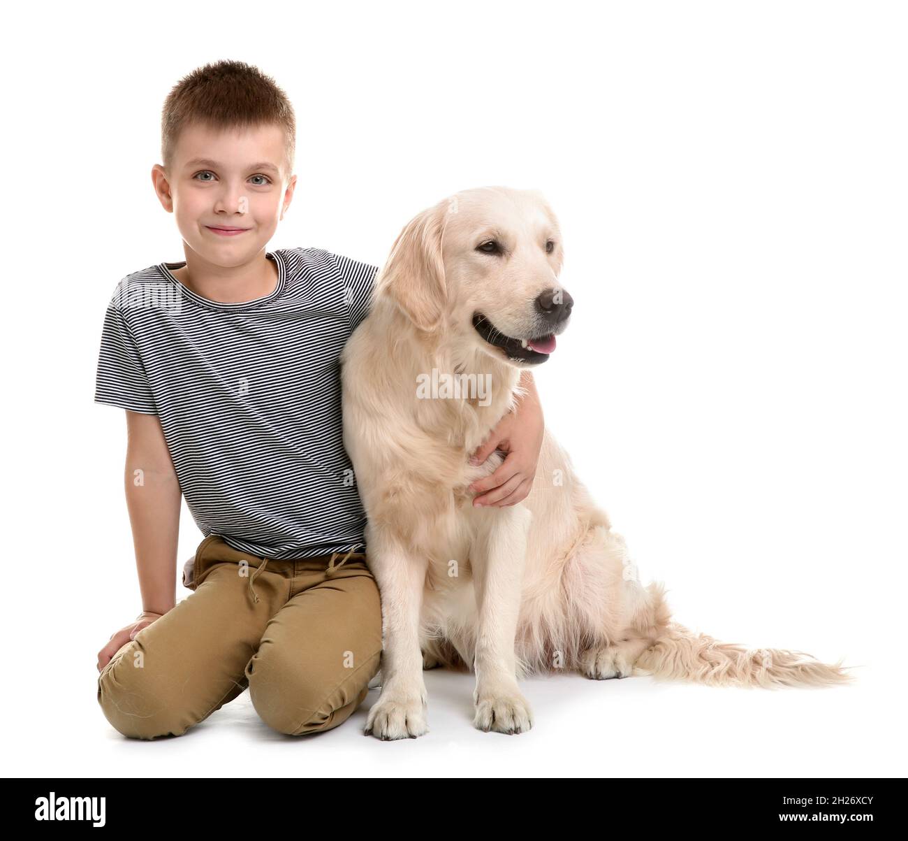 Cute little child with his pet on white background Stock Photo Alamy