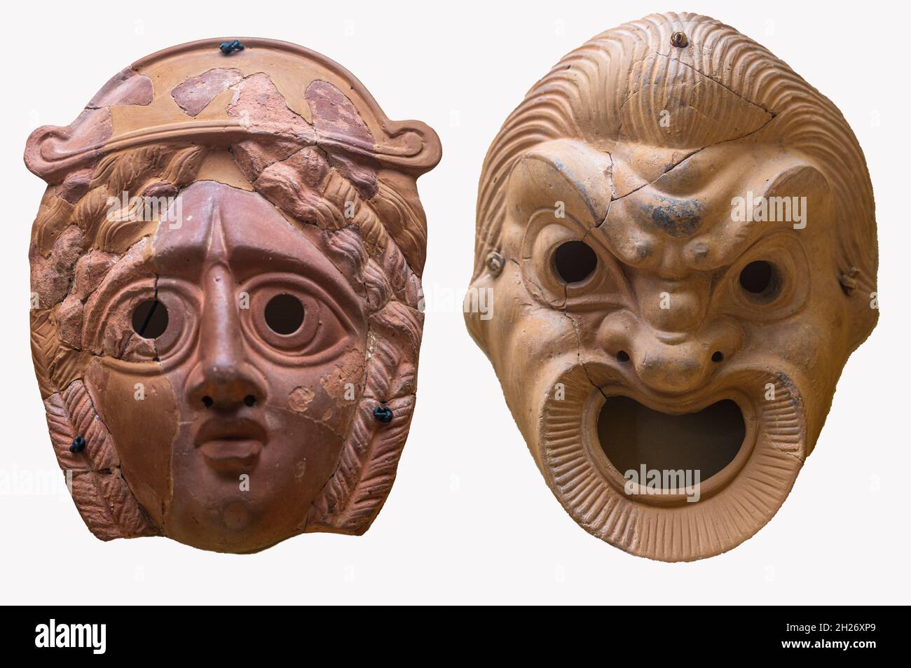 200-250 A.C. terracotta tragic and comic mask for theater located at the Museum of the Ancient Agora Stock Photo