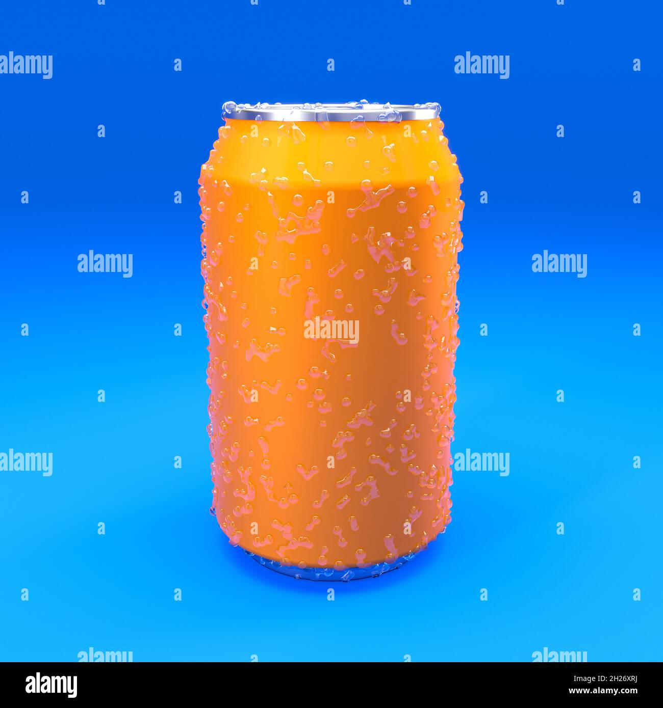 metal can for orange drinks with condensation drops on blue background. 3d render Stock Photo