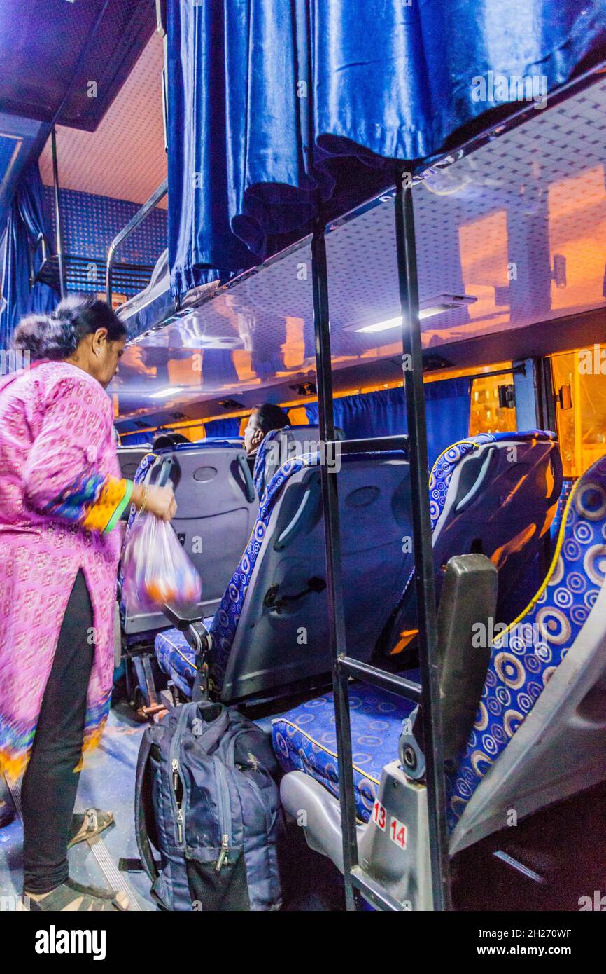 VADODARA, INDIA - FEBRUARY 8, 2017: Interior of sleeper/chair bus in Gujarat state, India Stock Photo
