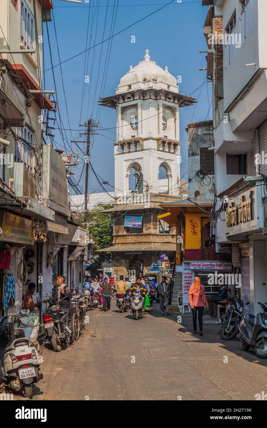 UDAIPUR, INDIA FEBRUARY 12, 2017 Ghanta Ghar Clock Tower in Udaipur