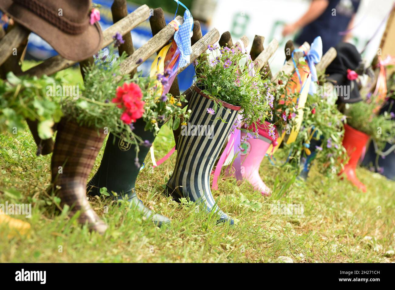 Zweckentfremdete Gummistiefel als Blumentopf im Salzkammergut, Österreich, Europa - Misappropriated rubber boots as a flower pot in the Salzkammergut, Stock Photo