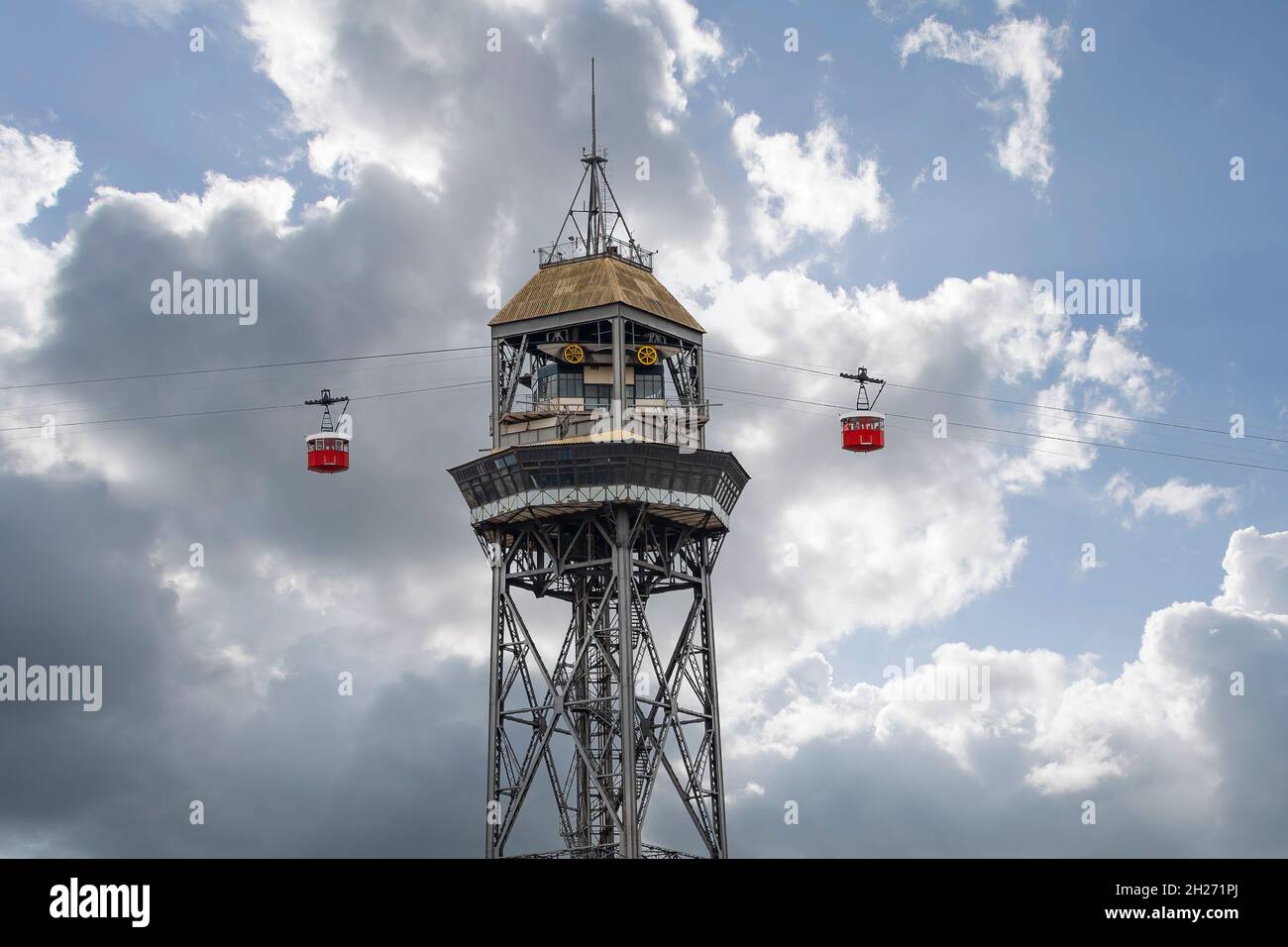 View of the cable car that goes up to the Montjuic mountain in ...