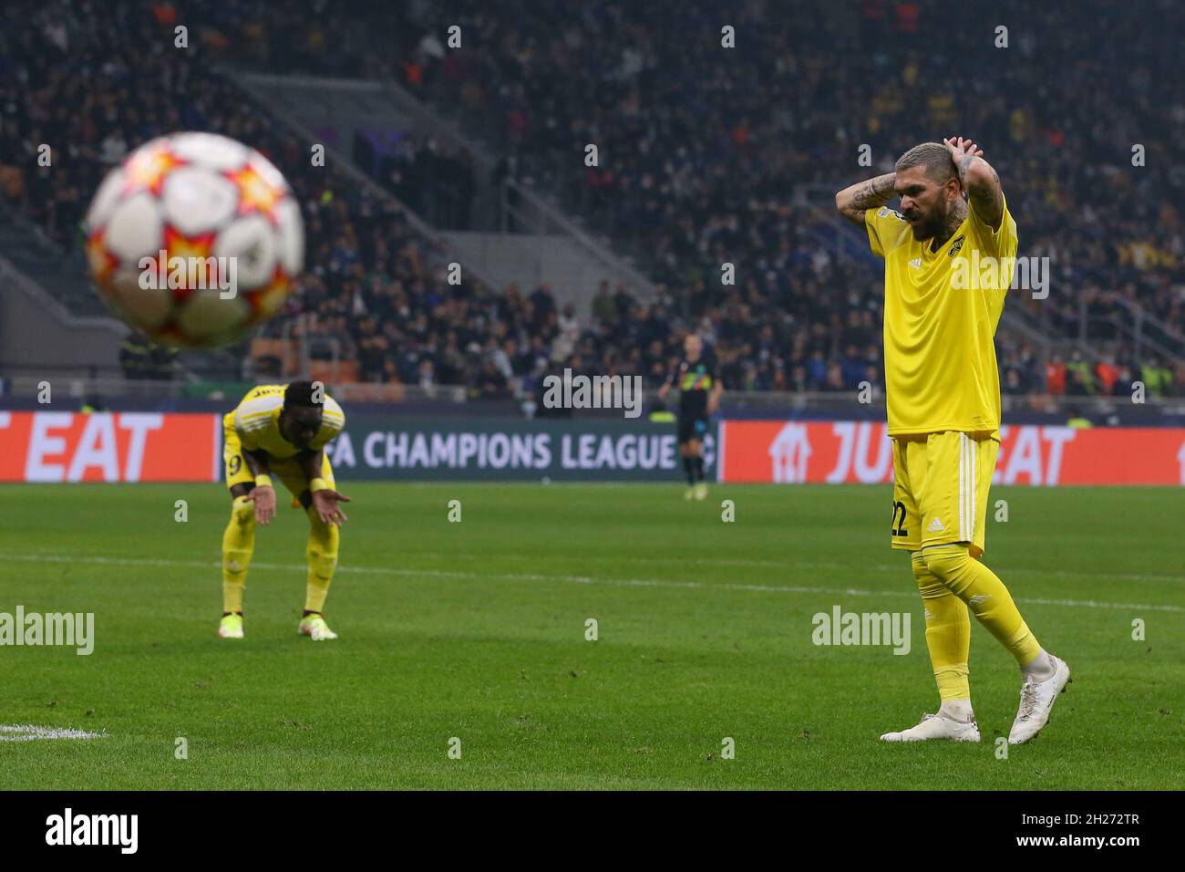 Milan, Italy, 19th October 2021. Dimitris Kolovos and Adama Traore of Sheriff Tiraspol react after a achene goes begging during the UEFA Champions League match at Giuseppe Meazza, Milan. Picture credit should read: Jonathan Moscrop / Sportimage Stock Photo