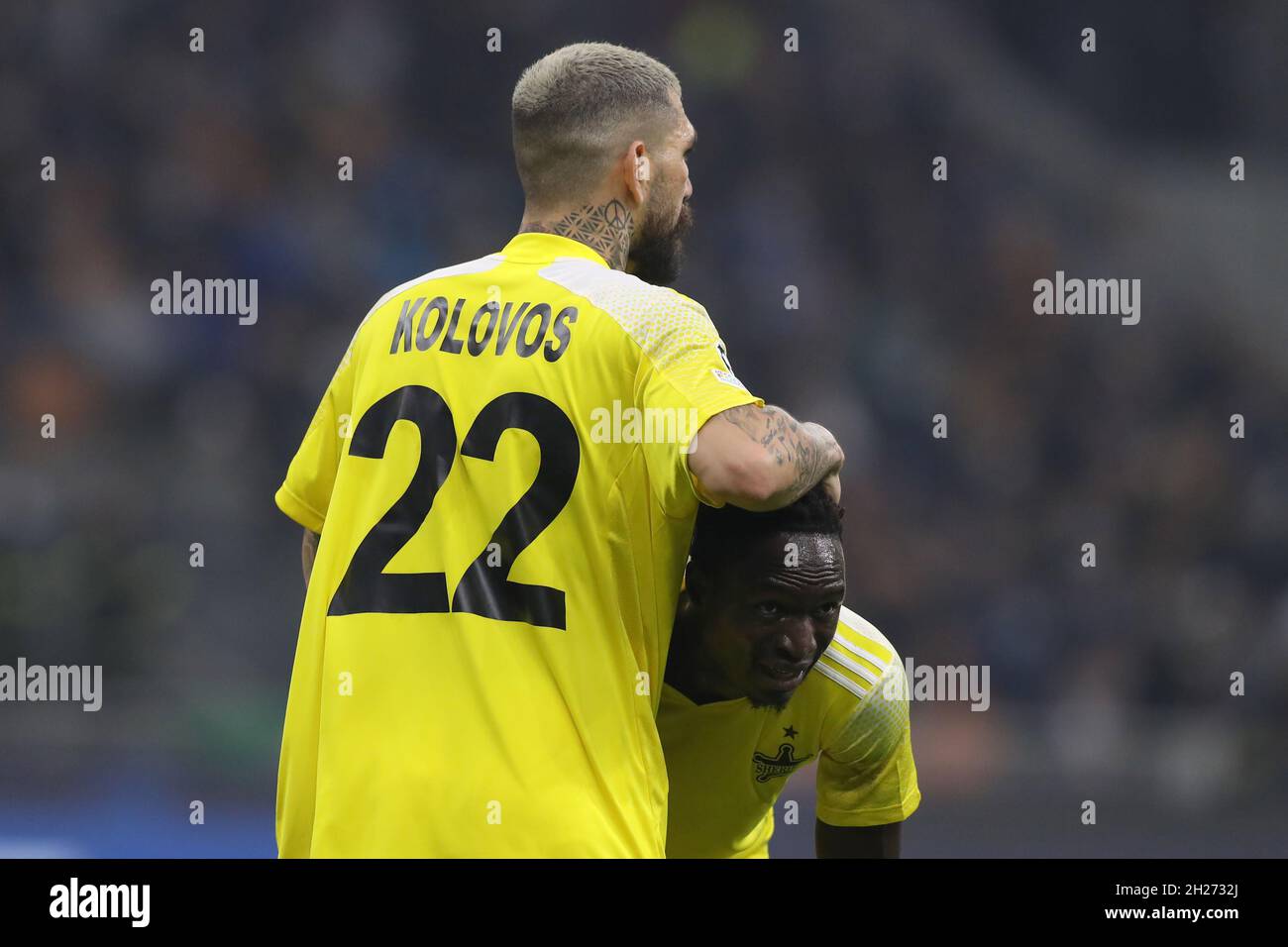 Milan, Italy, 19th October 2021. Dimitris Kolovos and Adama Traore of Sheriff Tiraspol  during the UEFA Champions League match at Giuseppe Meazza, Milan. Picture credit should read: Jonathan Moscrop / Sportimage Stock Photo