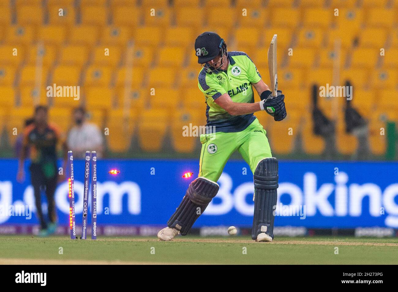 Craig Young of Ireland is bowled out during the ICC Mens T20 World Cup match between Sri Lanka and Ireland at Sheikh Zayed Stadium, Abu Dhabi, UAE on 20 October 2021. Photo by Grant Winter. Editorial use only, license required for commercial use. No use in betting, games or a single club/league/player publications. Credit: UK Sports Pics Ltd/Alamy Live News Stock Photo