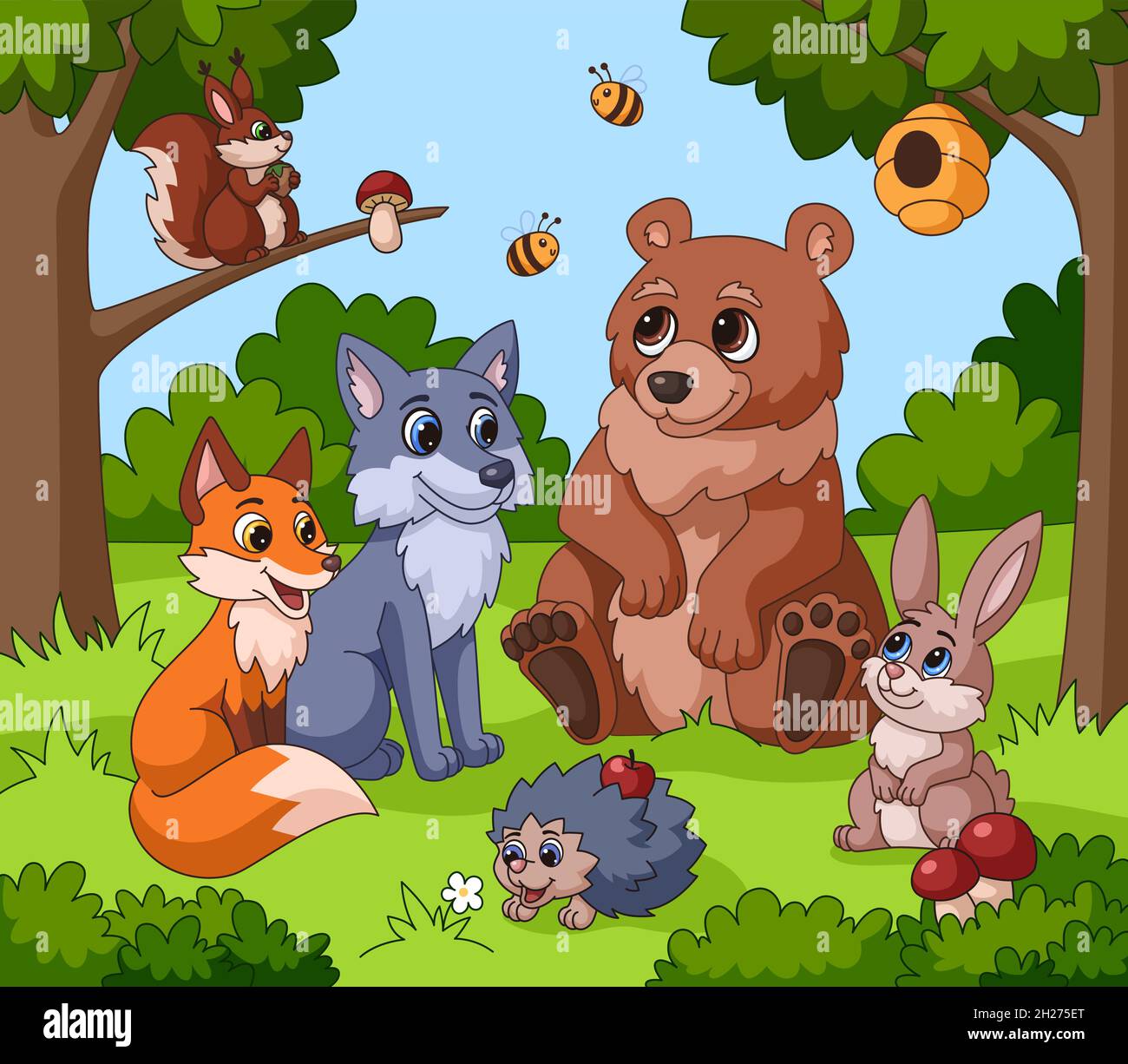Cute animal in forest. Cartoon animals, children drawing woodland background. Funny squirrel, rabbit bear fox near tree garish vector illustration Stock Vector Image & Art - Alamy Cute animal in forest. Cartoon animals, children drawing woodland background. Funny squirrel, rabbit bear fox near tree garish vector illustration Stock Vector Image & Art - Alamy
