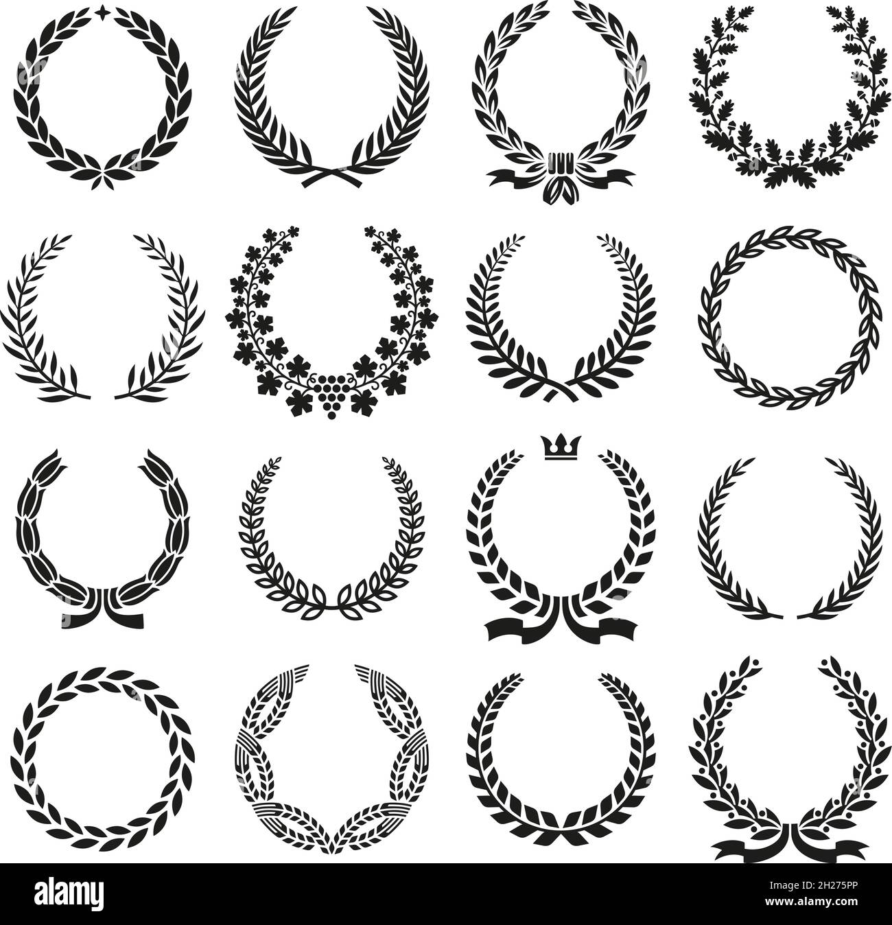 Laurel wreaths. Crest wreath, laurels leaves on branches. Winner icons, victory award logos. Greek branching circle medal tidy vector emblems Stock Vector