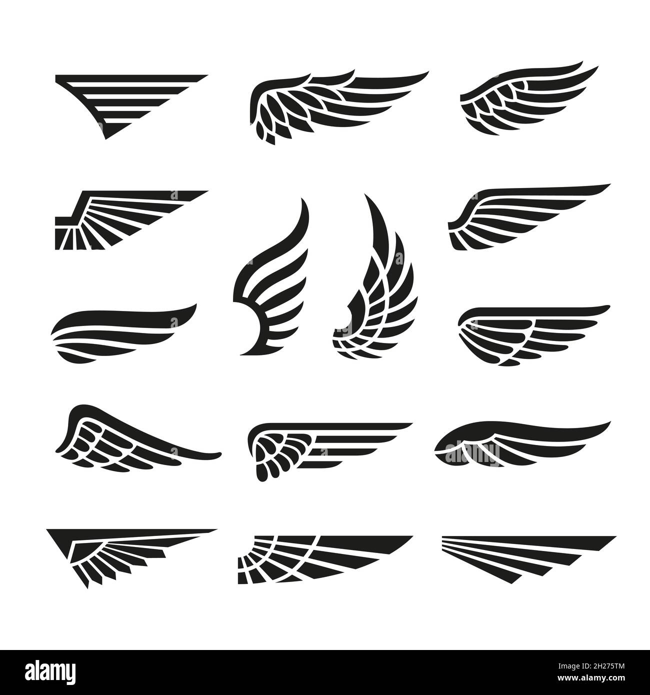 Eagle wings. Army minimal logo, wing graphics icons. Abstract retro black falcon bird badges, isolated flight emblem tidy vector collection Stock Vector