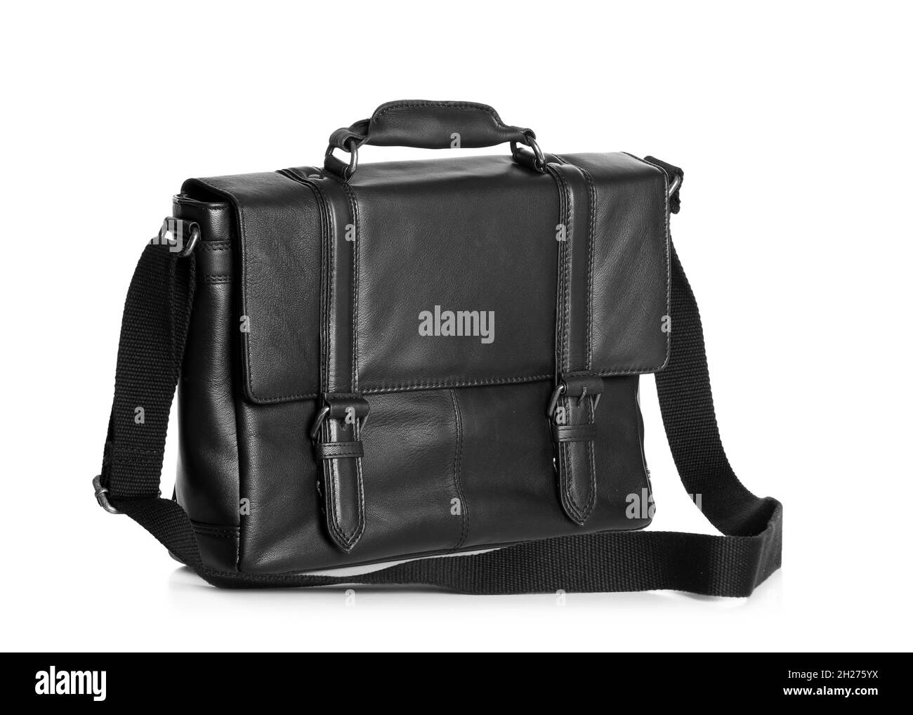 Black male leather briefcase with strap on white background Stock Photo