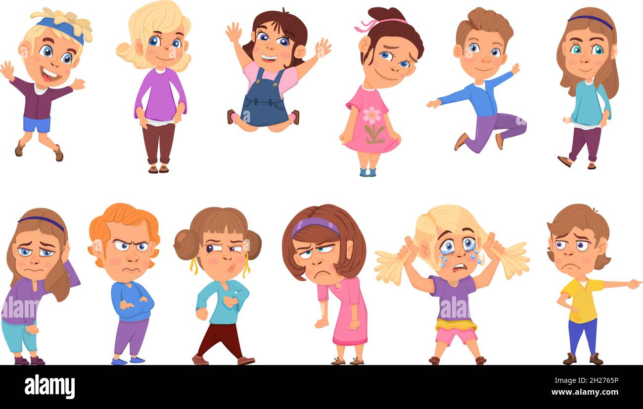 Emotional kids. Cartoon children, teenager laughing and sad. Happy emotion  on face, smile or cry boy and girl, little kid decent vector characters  Stock Vector Image & Art - Alamy