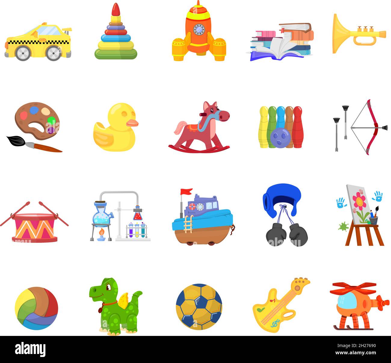 Kindergarten children toys. Baby plastic toy, cartoon toddler drum. Kid car and ball, cute dinosaur and horse. Isolated play elements decent vector Stock Vector