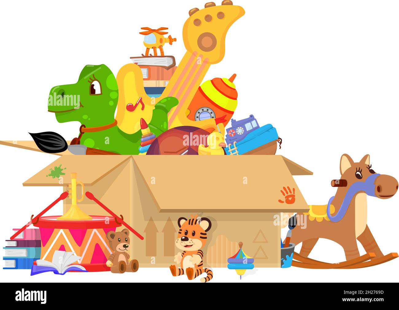Kids toys box. Toy donates, giant cardboard packing with plastic car