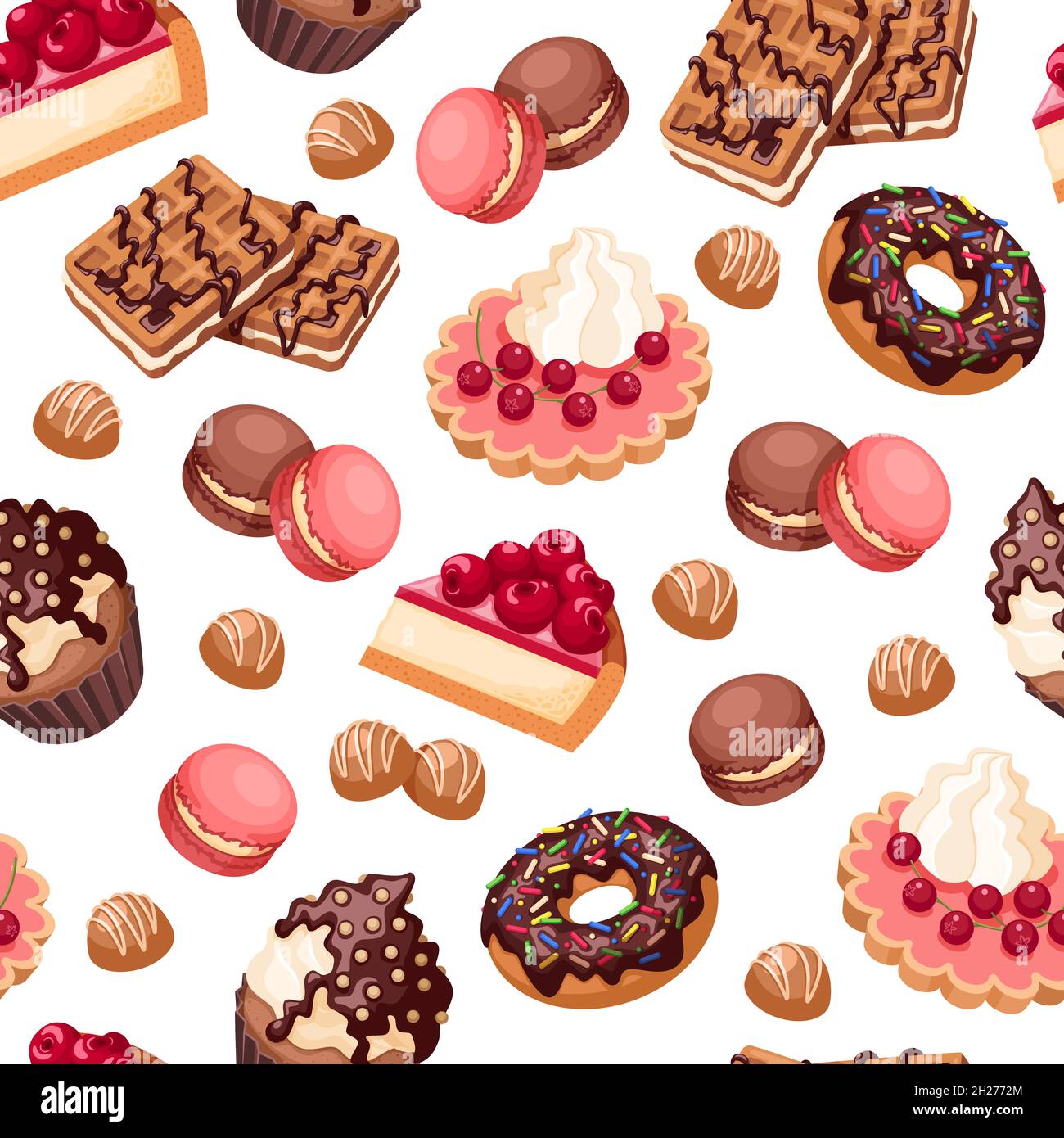 Cake seamless pattern. Gourmet food, donut cream cakes print. Holiday