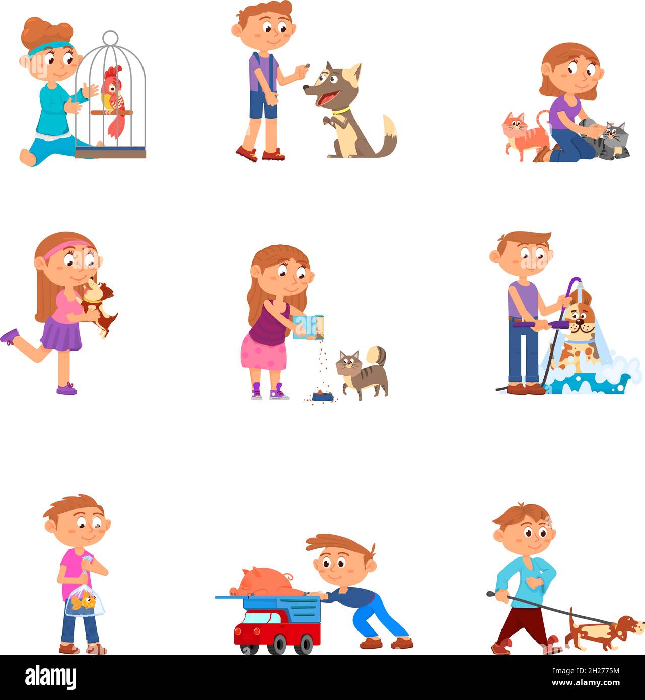 Children and pets. Kid with pet, child holding pig and bird. Toddler care about dogs and cats, cartoon isolated owner animals decent vector set Stock Vector