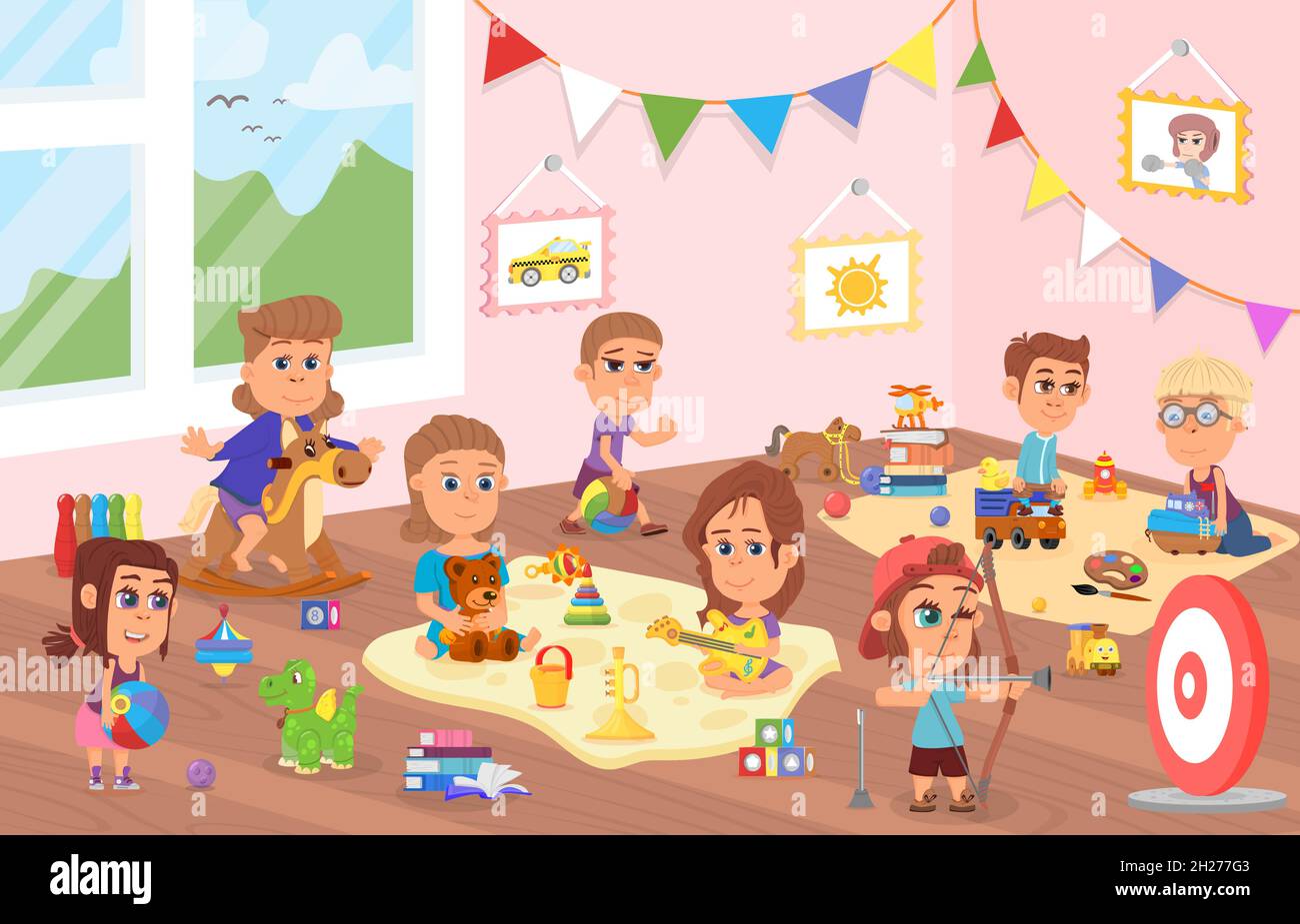 Kids playing with toys cartoon children play Vector Image