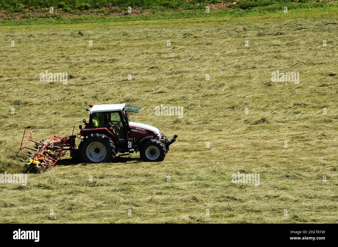 Maschinelles Wenden von Heu, Oberösterreich, Österreich, Europa - Machine turning of hay, Upper Austria, Austria, Europe Stock Photo