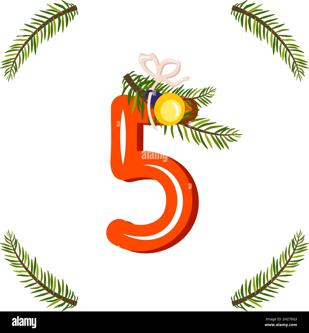 Red number five with green Christmas tree branch, ball and bow. Festive figure for Happy New Year and bright alphabet Stock Vector