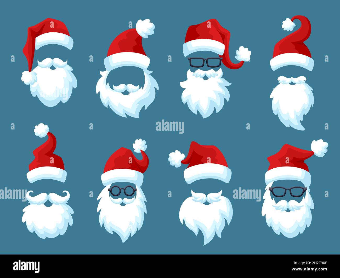 Santa hats with white beards. Red hat, christmas man costume. Beard and mustache, new year caps. Xmas face photo stickers garish vector set Stock Vector