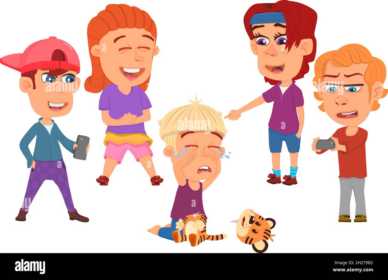 Bullying children. Child laughing, kids bully. Teenagers laughs and doing video on phone. School abusers, angry boys and victim decent vector scene Stock Vector