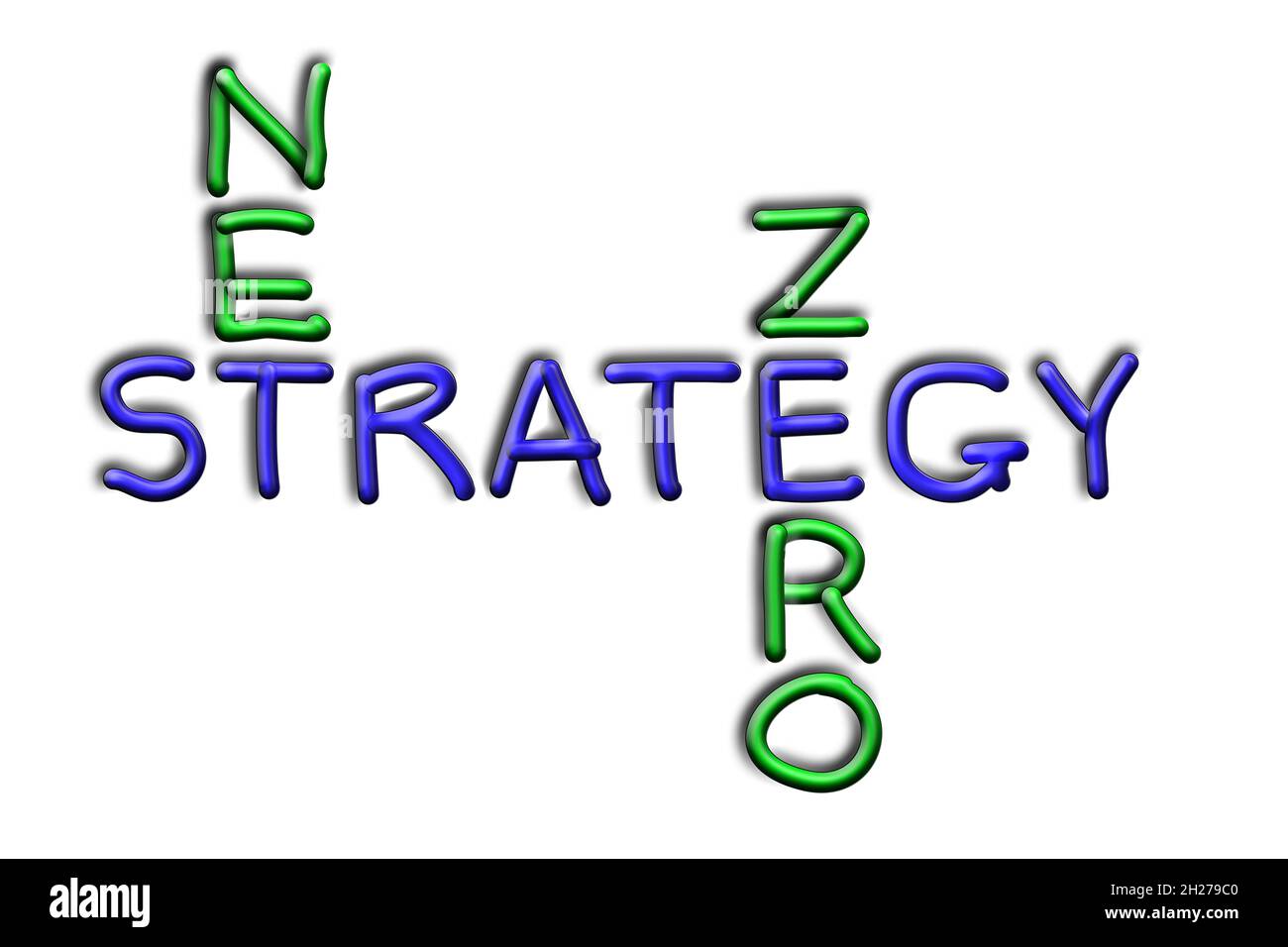 Net, Zero, Strategy, words in crossword form in blue and green handwritten letters, 3D illustration Stock Photo