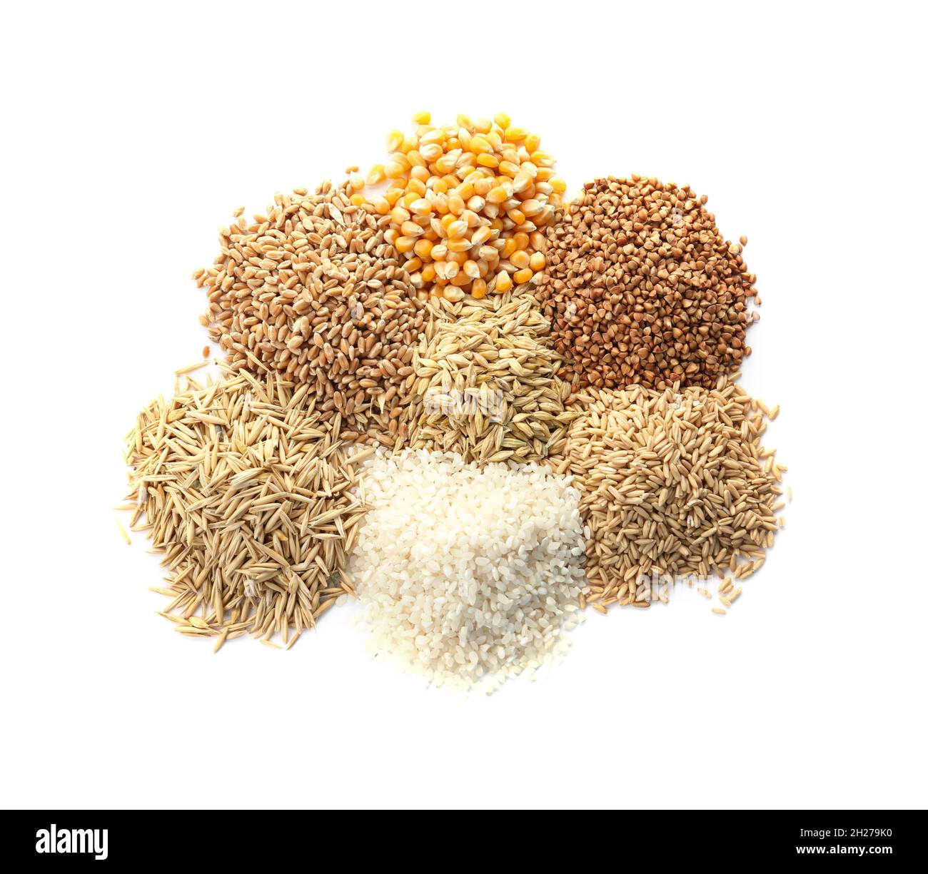 Different types of grains and cereals on white background Stock Photo