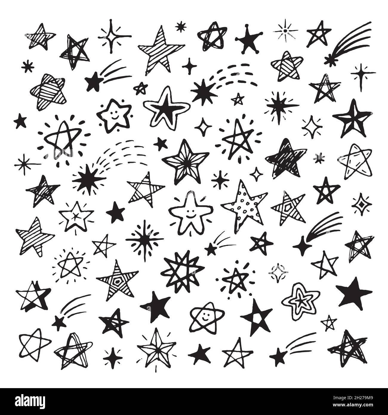 Sketch stars collection. Hand drawn star, sky drawing comet with ...