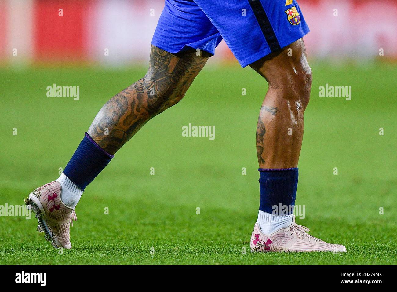 BARCELONA, SPAIN - OCTOBER 20: Tattoos of Memphis Depay of FC Barcelona  during the Group E - UEFA Champions League match between FC Barcelona and  Dinamo Kiev at the Camp Nou on