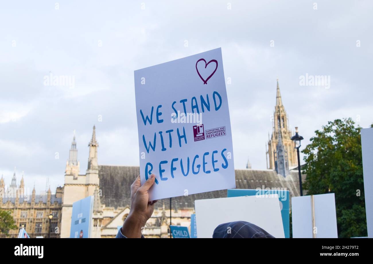 London, UK. 20th October 2021. Demonstrators gathered in Parliament Square in support of refugees and in opposition to the Nationality and Borders Bill. Credit: Vuk Valcic / Alamy Live News Stock Photo