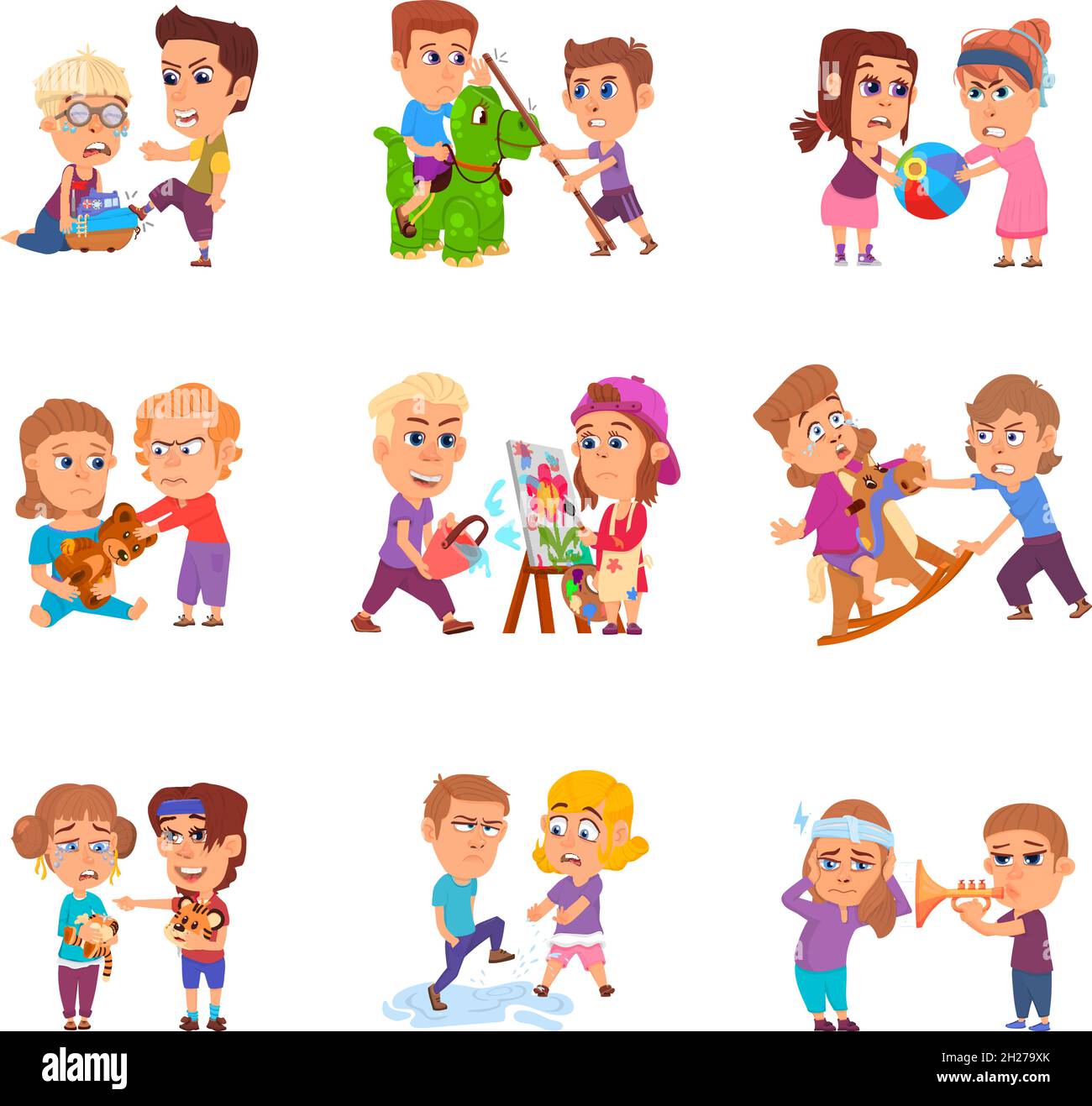 Bad behavior kids. Bullying kid, school girls scare. Child in stress, conflicted angry cartoon children. Naughty brother and sister decent vector set Stock Vector