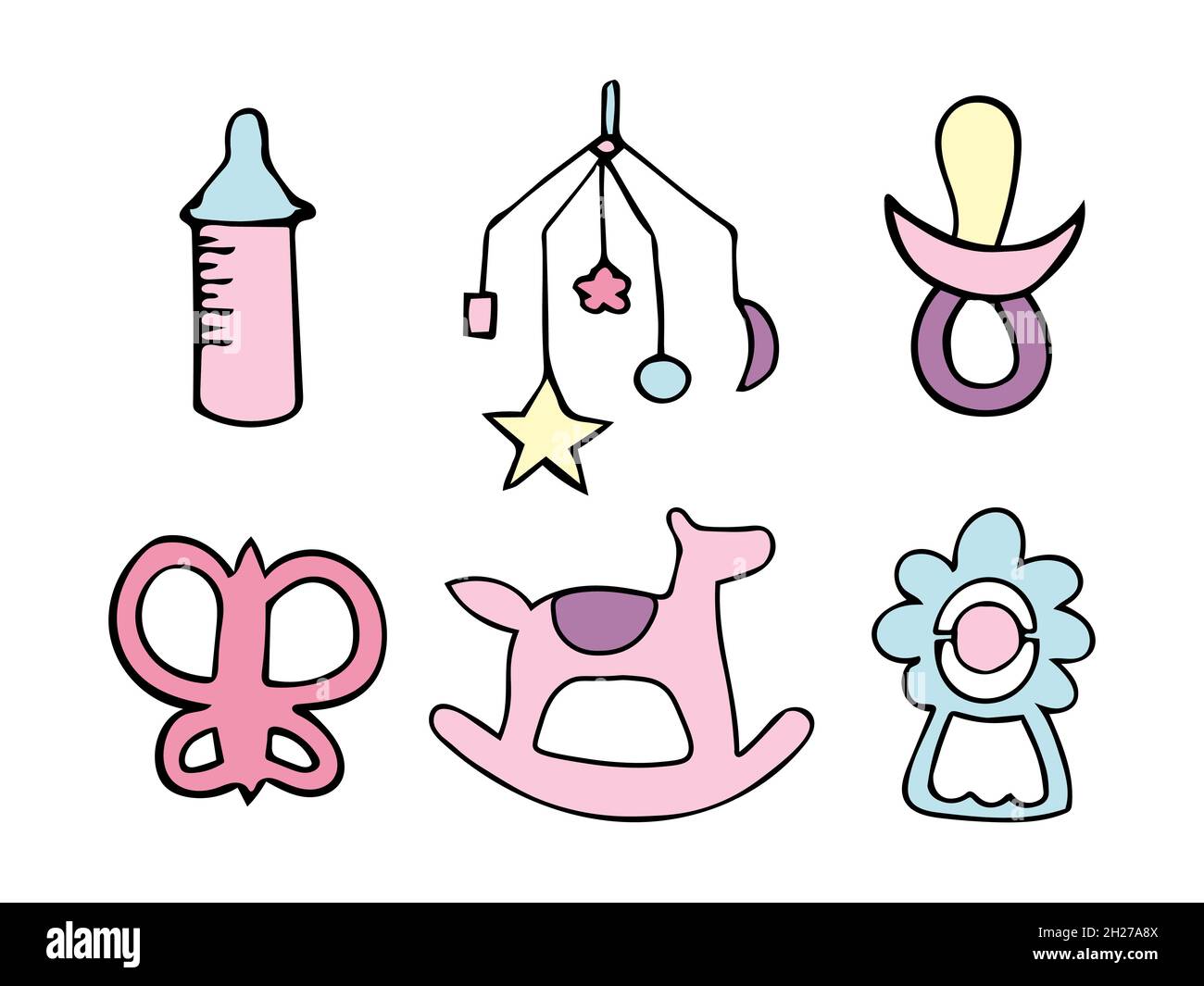 Vector illustration with kids toys, mechanical musical toy and rattle, horse and butterfly, feeding bottle.  Stock Vector