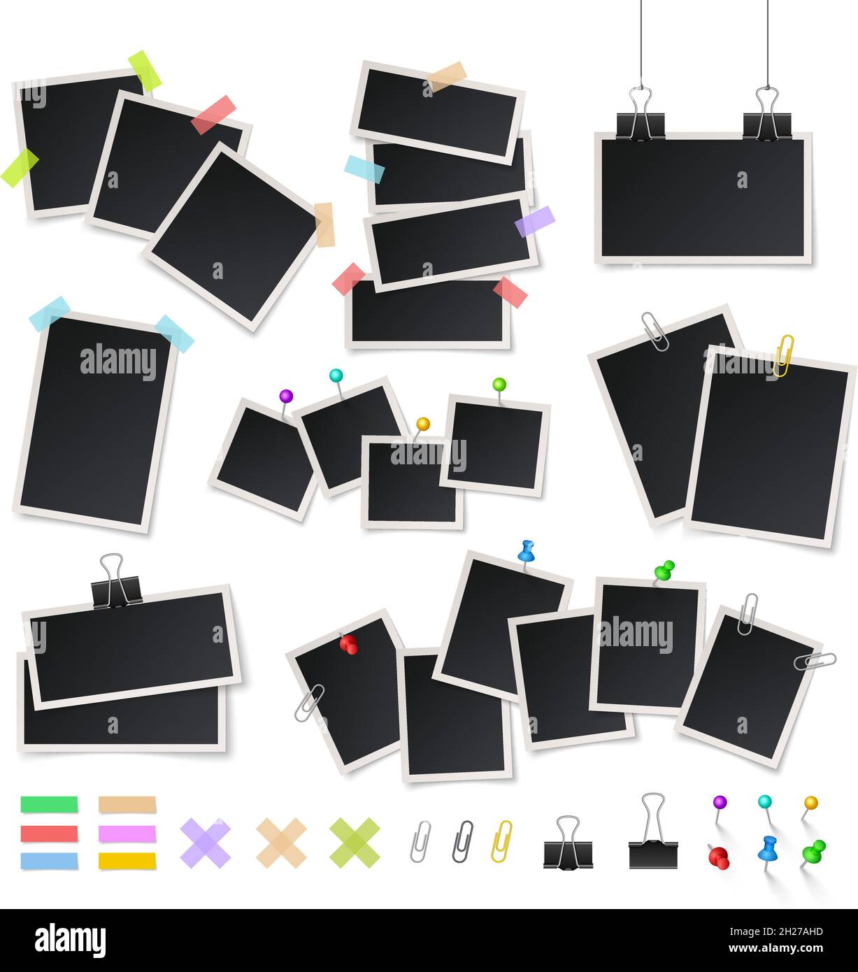 Frames and pins. Photo album frame, black blank photography template