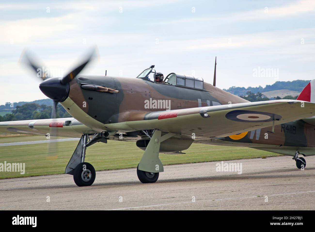 restored RAF hurricane getting ready for a flypast at Imperial War Museum Duxford, Summer 2021 Stock Photo