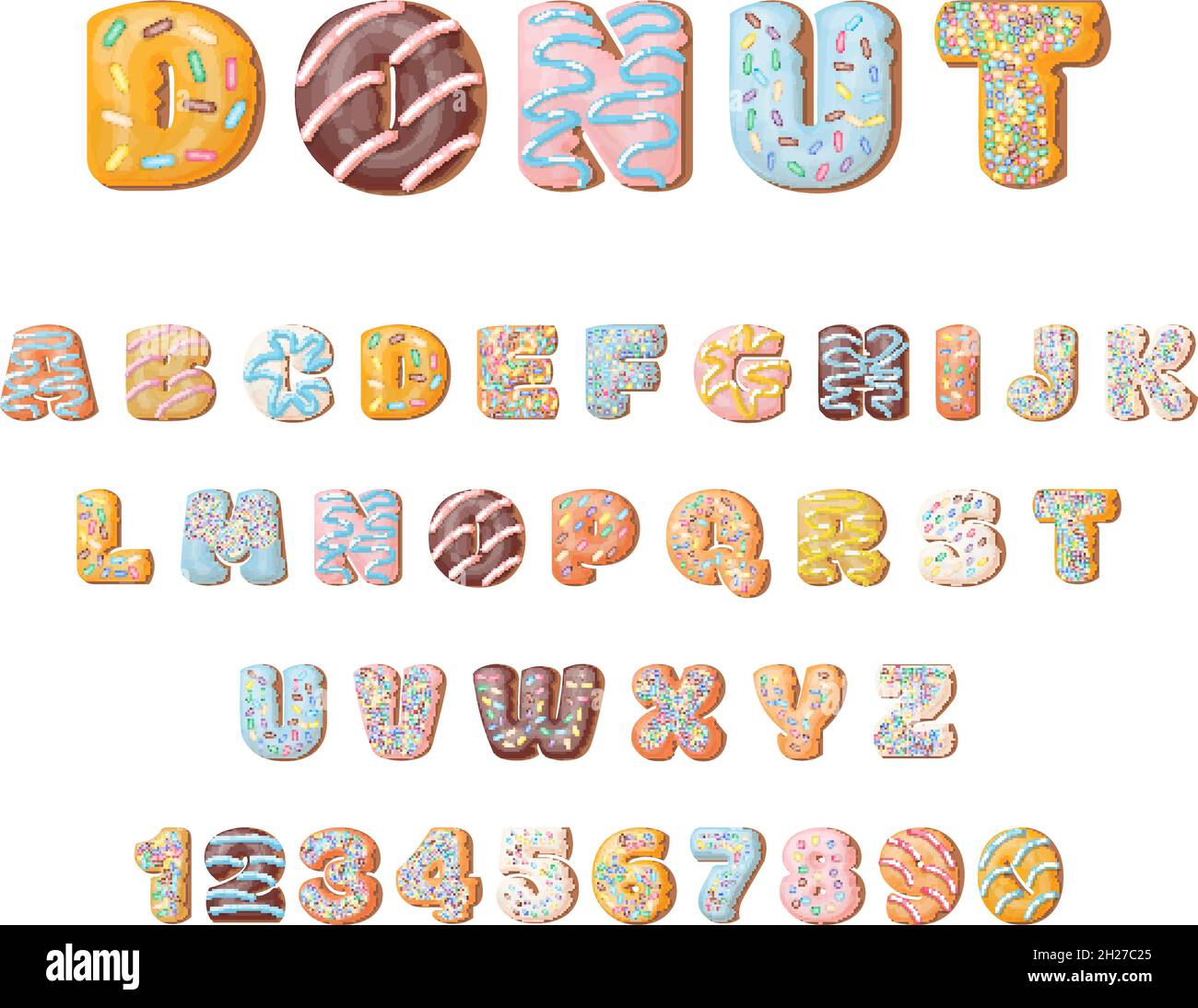 Donut font. Sweet food letters, glazed donuts alphabet. Cake or biscuits with sugar sprinkle, creative typography for kids or party decent vector set Stock Vector