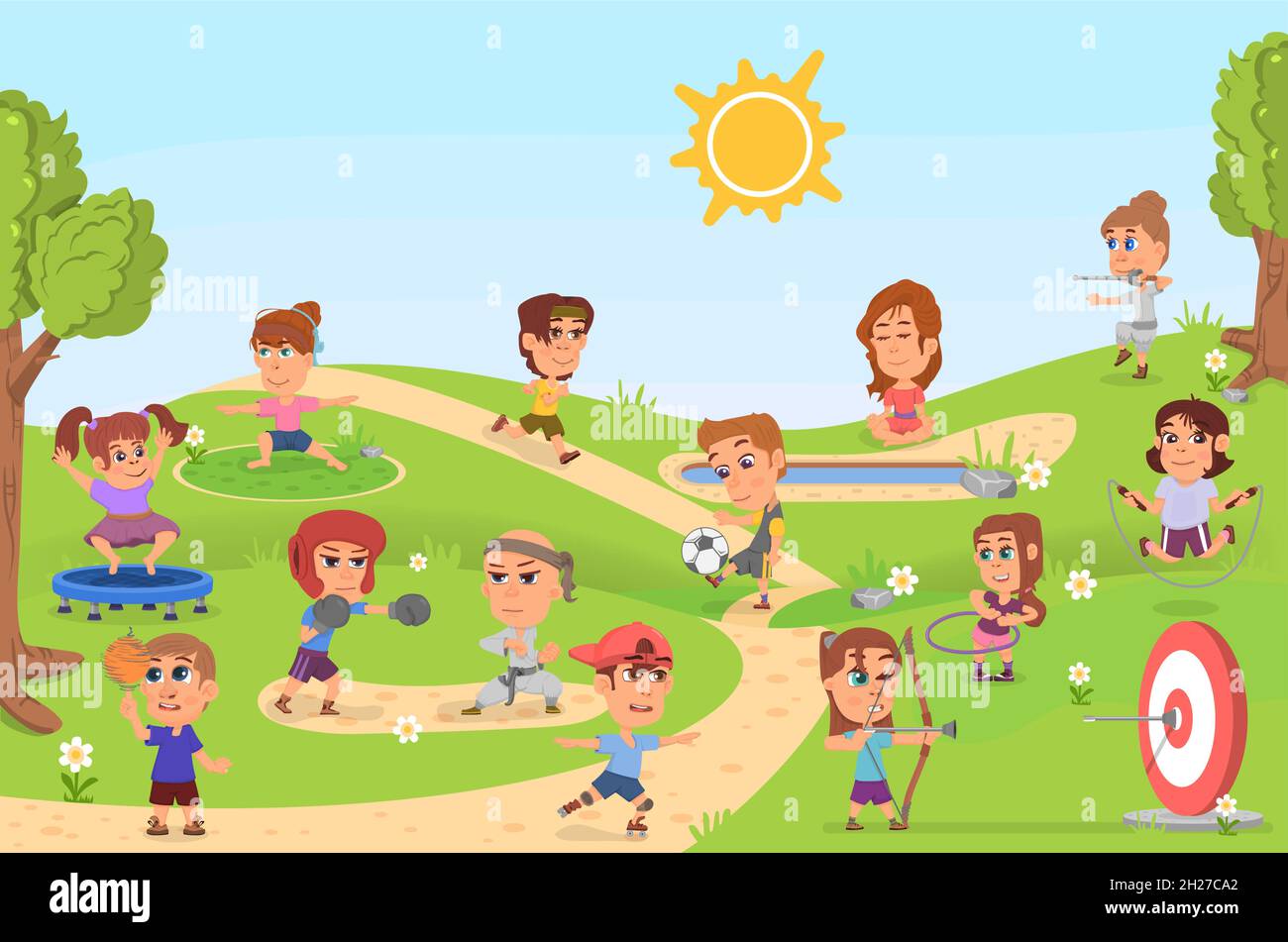 Kids sport activities in park. Sports child, healthy children on playground. Outdoor athletics play, cartoon girl jumping decent vector scene Stock Vector