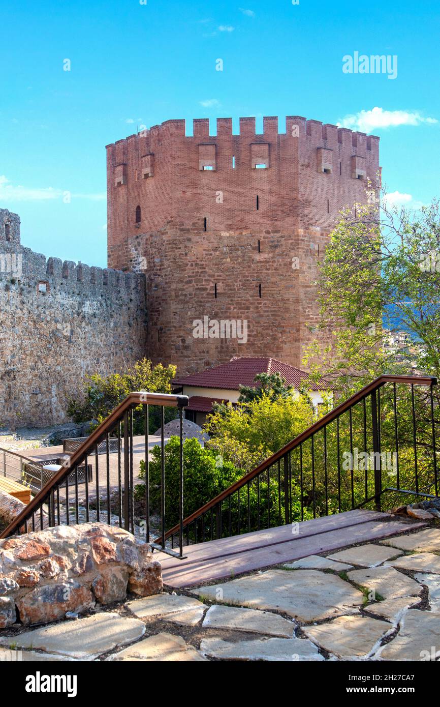 Close up photo of Red Tower which locally known as Kizil Kule in Alanya, Antalya, Turkey. Stock Photo