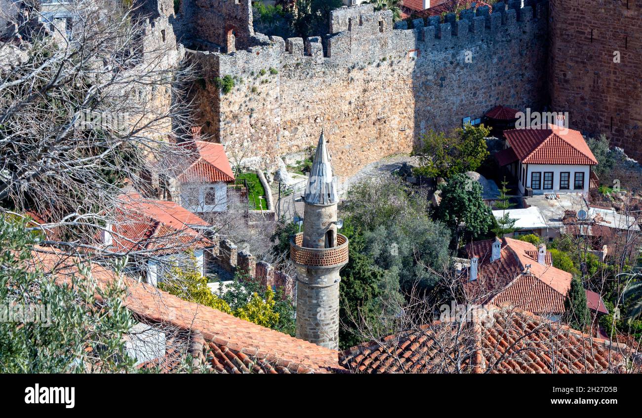 Close up photo of Red Tower which locally known as Kizil Kule in Alanya, Antalya, Turkey. Stock Photo