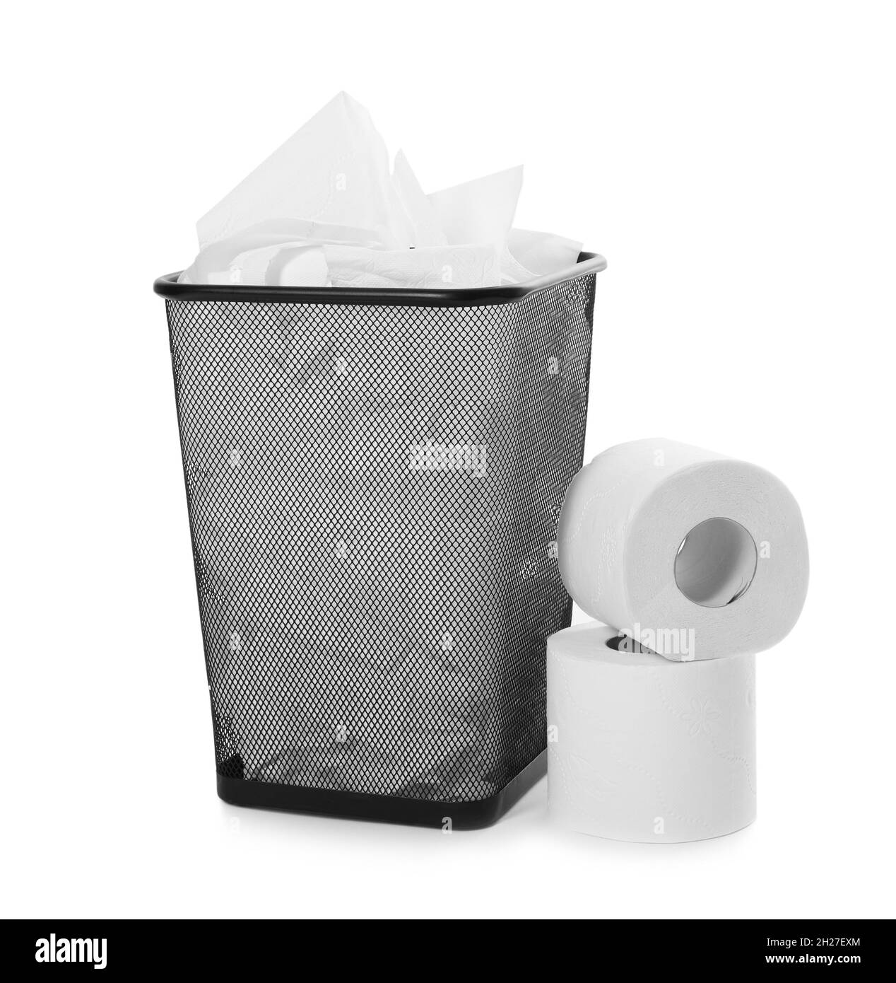 Trash bin with used toilet paper on white background Stock Photo - Alamy