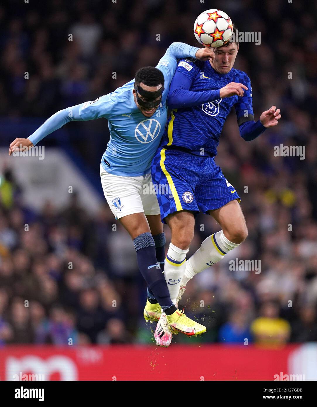 Malmo's Martin Olsson (left) and Chelsea's Andreas Christensen battle for the ball during the UEFA Champions League, Group H match at Stamford Bridge, London. Picture date: Wednesday October 20, 2021. Stock Photo