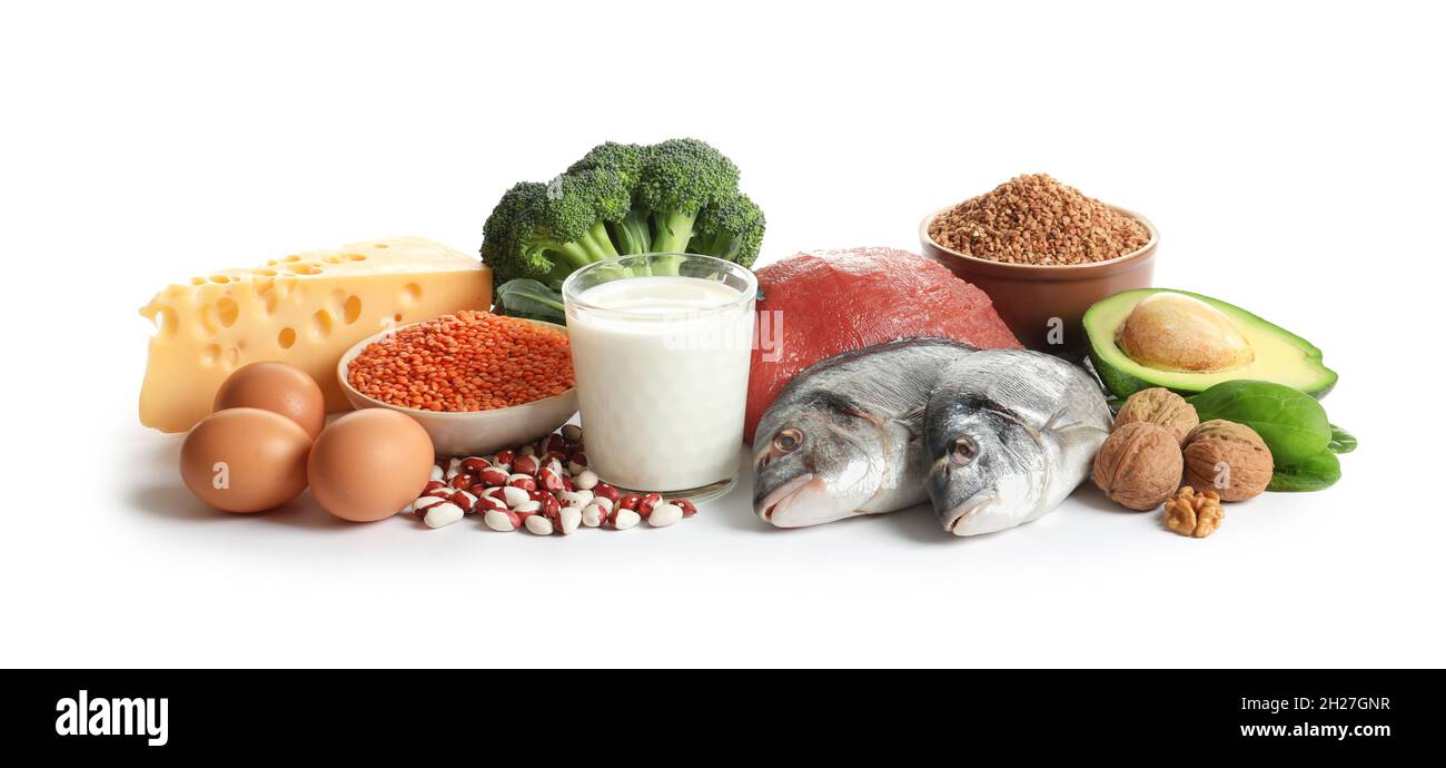 Set of natural food high in protein on white background Stock Photo Alamy