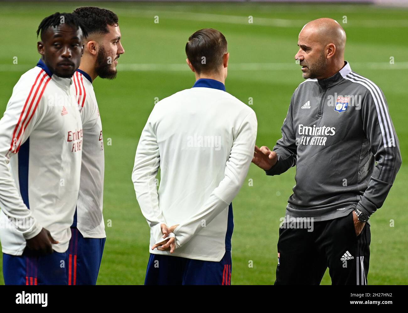Prague, Czech Republic. 20th Oct, 2021. Coach of Olympique Lyon Peter Bosz  speaks with football players during the training session prior to football  UEFA Europa League game: Sparta Prague vs Olympique Lyon
