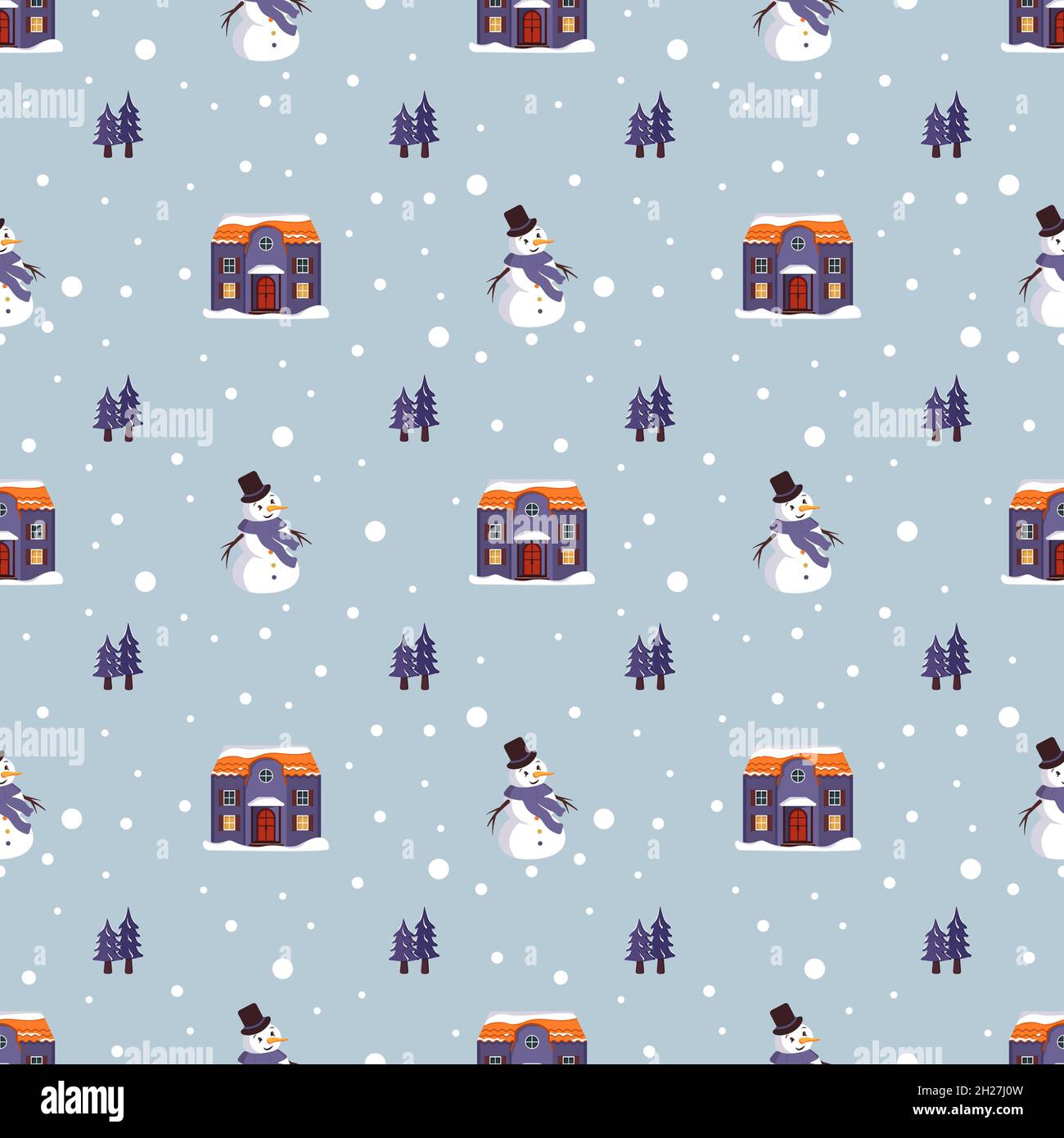 Seamless pattern with festive Christmas houses, snowman, trees and ...