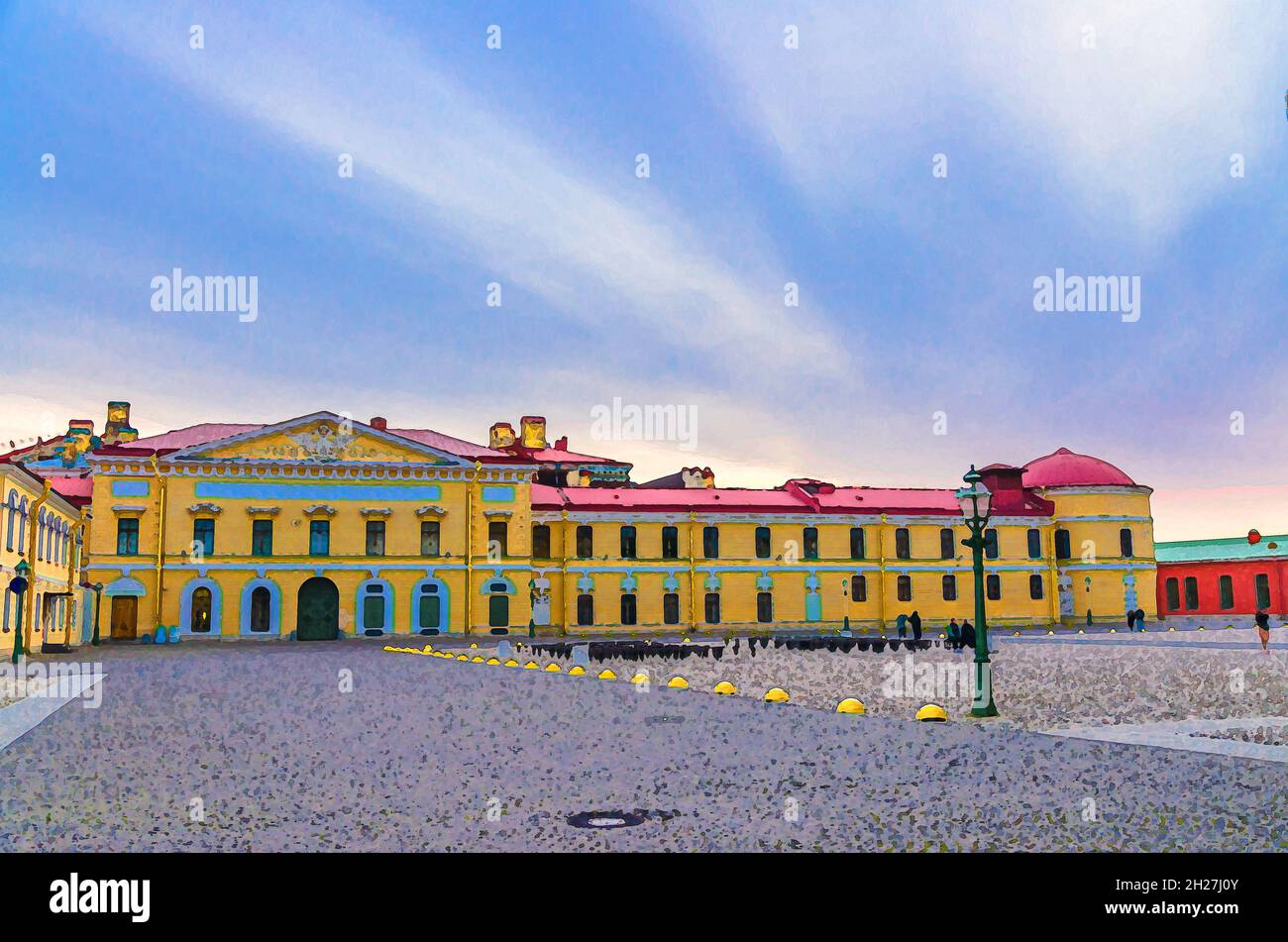 Watercolor drawing of Saint Petersburg Mint in Peter and Paul Fortress citadel on Zayachy Hare Island, evening dusk twilight view, Leningrad city, Rus Stock Photo