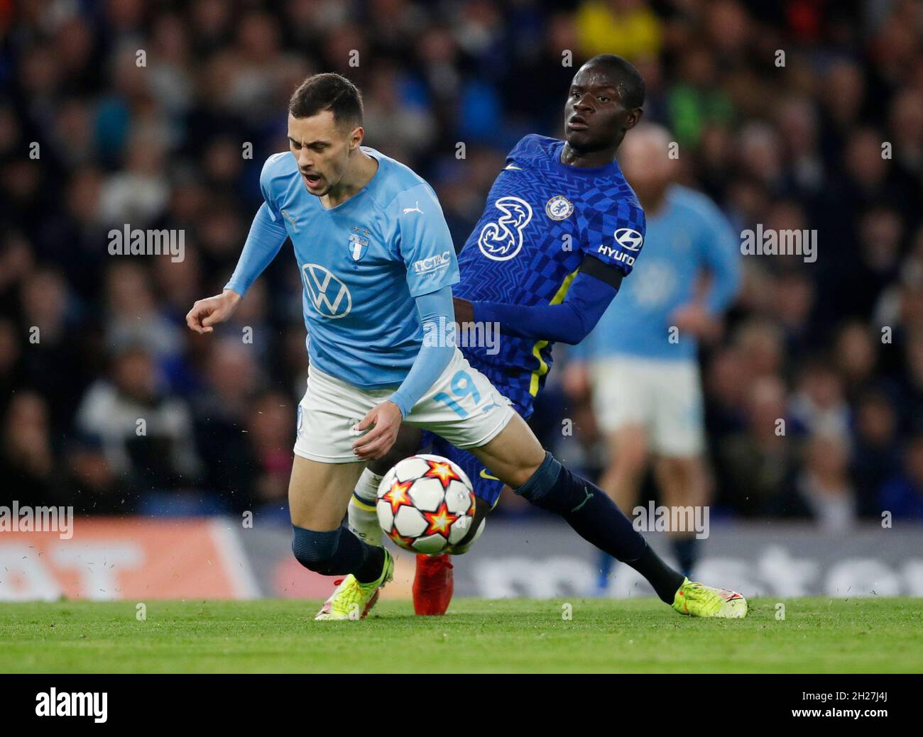 Soccer Football - Champions League - Group H - Chelsea v Malmo FF -  Stamford Bridge, London, Britain - October 20, 2021 Malmo FF's Veljko  Birmancevic in action with Chelsea's N'Golo Kante