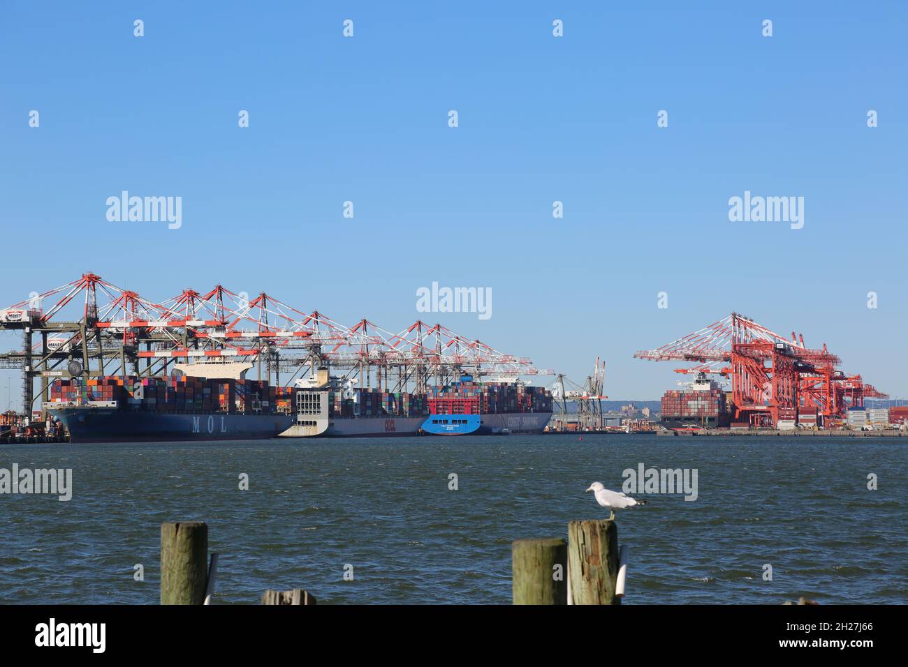 (211020) -- BAYONNE (U.S.), Oct. 20, 2021 (Xinhua) -- Containers are seen in the process of logistics operations at Port Newark Container Terminal and Maher Terminal owned by the Port Authority of New York and New Jersey in Bayonne, New Jersey, the United States, on Oct. 19, 2021. The United States has been plagued by supply chain disruptions in recent months, and the White House has asked the Port of Los Angeles to become a 24-hour port, open seven days a week. However, with the approach of holidays, which will see surging demand across the country, the shipping-based supply chain remains und Stock Photo