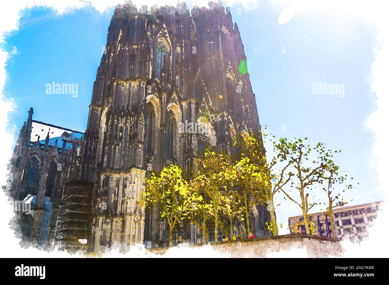 Watercolor drawing of Cologne Cathedral Roman Catholic Church of Saint Peter gothic architectural style building in historical city centre, blue sky i Stock Photo